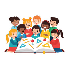 Young Learners: A group of diverse children gather together and focused to share their excitement of education and learning in their school.