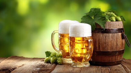 Enjoy the essence of National Beer Lover’s Day with two mugs filled with golden ale topped with frothy suds. A rustic barrel and fresh hops enhance this beer celebration