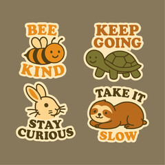 Cute retro animal illustrations with motivational quotes on a brown background.