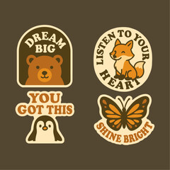 A collection of four retro-style motivational animal and nature themed stickers or badges on a brown background. © budi