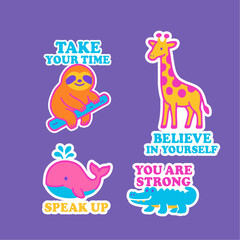 Fototapeta premium Colorful cartoon animals with motivational messages on a vibrant purple background.