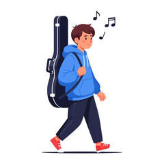 Musical Journey Illustration: A young individual, guitar case on back, walks forward with musical notes and embodies the passion for music.
