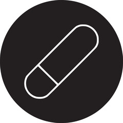 A simple line drawing of a capsule pill inside a black circle against a white background space area