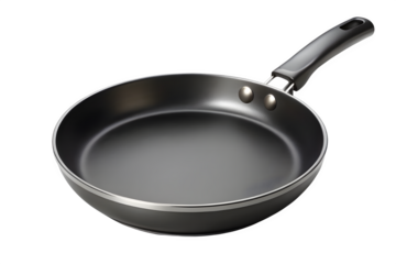 A new black frying pan with a black handle isolated on transparent background