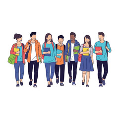Fototapeta premium Young Minds Walking Together: A diverse group of students, brimming with potential, walks together in a collaborative journey toward their academic aspirations. Capturing the essence of companionship.