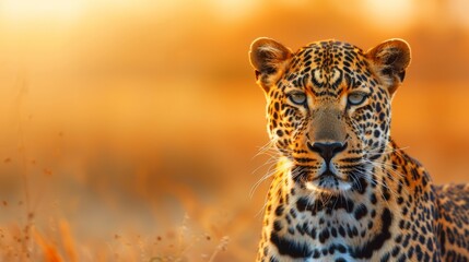 Majestic leopard portrait against a blurred savanna background highlighting nature s power