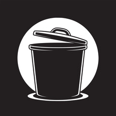 Illustration of a black trash can with an open lid against a white circle on a black background