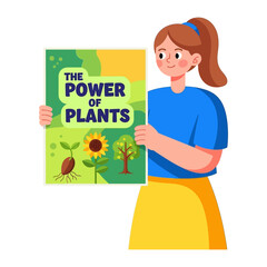 The Power of Plants: A woman enthusiastically holds up a poster, spreading awareness about the strength and importance of plants, accompanied by illustrative imagery.