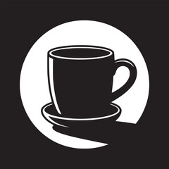 A black and white illustration of a coffee cup and saucer inside of a white circle design element