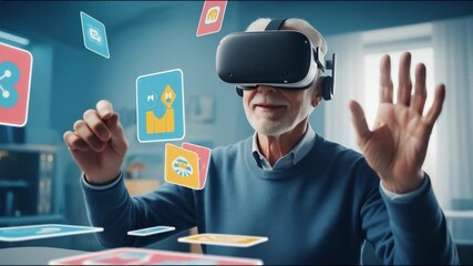 Joyful Senior Man Engaging in a Virtual Reality Card Game - Powered by Adobe