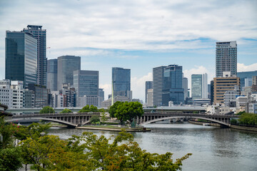Osaka skyscrapers from river