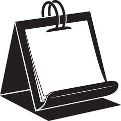 A simple black and white illustration of a desk calendar with blank pages and metal rings holding it