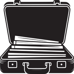 A black and white graphic illustration of an open briefcase with documents inside on a white background
