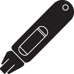 An illustration of a black utility knife with a retractable blade and a hanging hole on top end