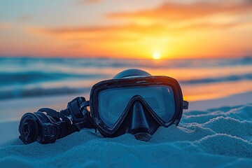 Dive mask and snorkel on sandy beach at sunset, ready for underwater exploration and marine adventures.