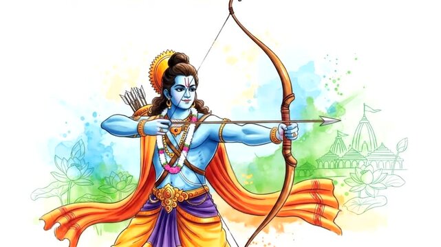 Lord Rama, the Epic Hero: A Stunning Digital Watercolor Depiction