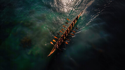 Aerial view of rowing boat gliding through clear blue water, showcasing synchronized movement of rowers. sunlight reflects off surface, creating serene and dynamic atmosphere