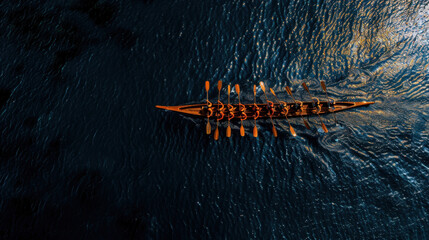 Aerial view of rowing team in long boat gliding through dark water, showcasing synchronized paddling and dynamic movement. scene captures essence of teamwork and athleticism