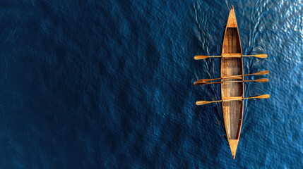 Wooden rowing boat glides smoothly over deep blue water, showcasing its elegant design and craftsmanship. serene scene evokes sense of tranquility and adventure