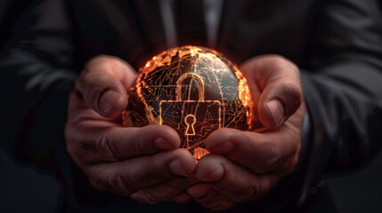 Person holds glowing globe with padlock symbol, representing global security and protection. image conveys sense of responsibility and vigilance in safeguarding information and resources