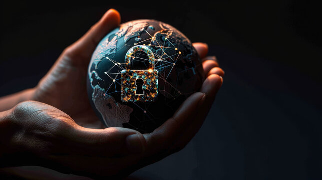 Secure globe in hands symbolizes global cybersecurity and protection. image conveys sense of safety and vigilance in digital world, emphasizing importance of safeguarding information
