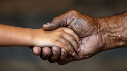 Fototapeta premium Close up of child hand grasping adult hand, symbolizing connection and support. adult hand shows signs of age and work, while child hand is smooth and small, representing innocence and trust