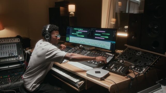 Wide angle shot of African American man as sound engineer working in recording studio and reaching over turning dials and controls at audio station