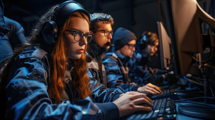 Obraz premium Young gamers focused on competitive gaming in dimly lit environment, wearing headsets and using computers. atmosphere is intense, showcasing teamwork and concentration