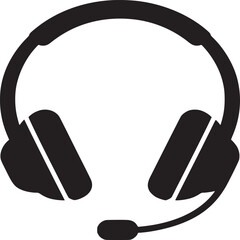 A black and white illustration of a headset with a microphone on a plain white background design view