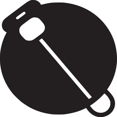 A black and white graphic of a stylized lollipop with a circular head and stick on white background