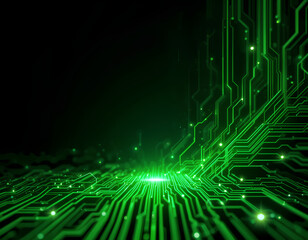 Digital Brain Interface on Black Circuitboard Background with Flowing Neon Green Data Lines


