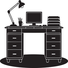 A black and white illustration of a desk with a computer and lamp, along with office supplies on top