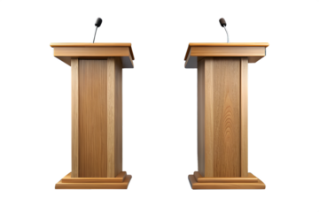 Two empty wooden podiums with microphones, isolated on a transparent background, ready for a speech or debate