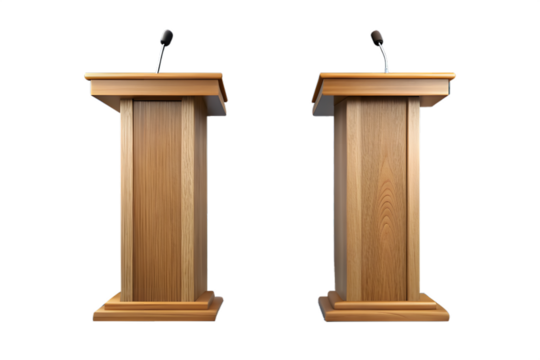 Two empty wooden podiums with microphones, isolated on a transparent background, ready for a speech or debate