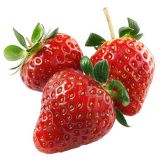 Three vibrant red strawberries, glistening with moisture, are clustered together.  Small green leaves are attached.  Isolated against a black background