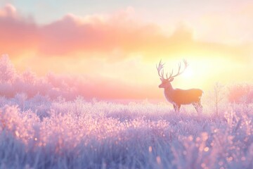 A majestic deer stands gracefully in a frost-covered field, bathed in the soft glow of a pastel sunrise.