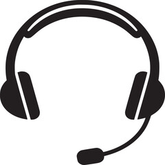 Isolated black and white vector illustration of a headset with microphone on a plain white background
