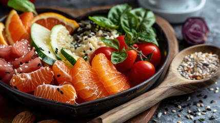 Fresh and vibrant salad bowl featuring salmon, citrus fruits, cherry tomatoes, and fresh herbs, garnished with sesame seeds. colorful and healthy meal option