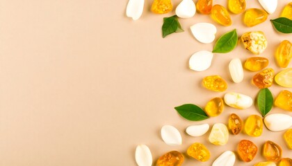 Amber stones, petals, and leaves