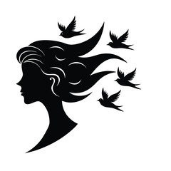 Silhouette profile woman with flowing hair flying birds head