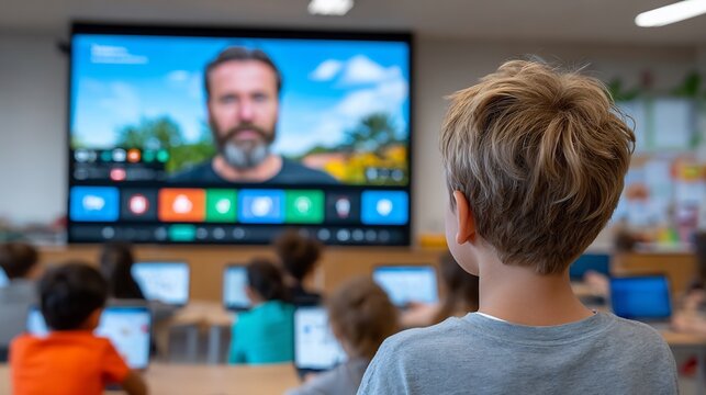 Boy watches teacher on large screen during online class in a classroom with other students