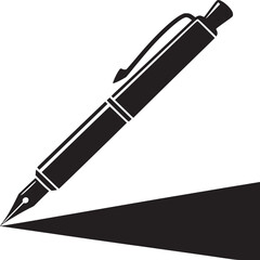 Illustration of a black fountain pen with a clip writing on a white surface with black ink mark