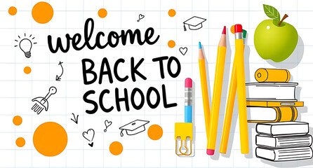 Welcome back to school with cheerful supplies and hand drawn style, perfect for education banners, flyers, and digital ads to inspire learning and creativity