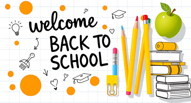 Welcome back to school with cheerful supplies and hand drawn style, perfect for education banners, flyers, and digital ads to inspire learning and creativity