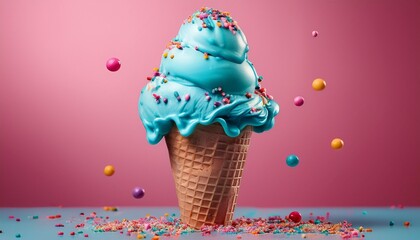 delightful blue ice cream cone with colorful sprinkles on a pink background