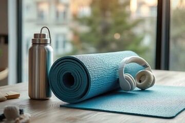 Yoga mat, water bottle, and headphones displayed on a wooden surface with a blurred outdoor background.