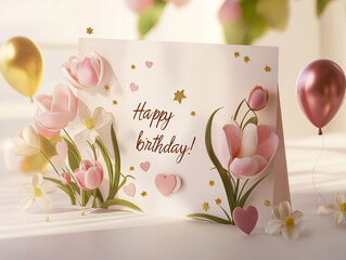 A light pink card with "Happy birthday!" written in golden calligraphy, adorned with flowers, hearts, stars, and balloons.