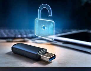 secure flash drive with digital lock projected above it in a modern workspace