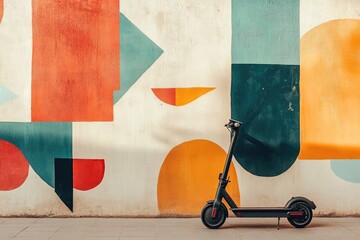 A sleek black electric scooter stands against a vibrant wall adorned with colorful geometric shapes in shades of orange, blue, and green.
