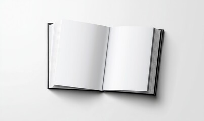 An open, hardcover book rests on a white surface. The pages are blank, offering a sense of possibility and emptiness. Shadows suggest the book is slightly elevated